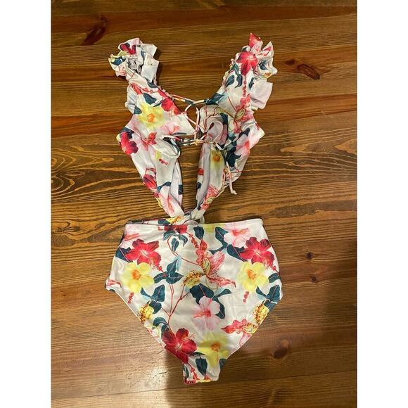 NWOT Ruffled Monokini Plunge Floral Swimsuit with Kimono Skirt, size S - Picture 10 of 11